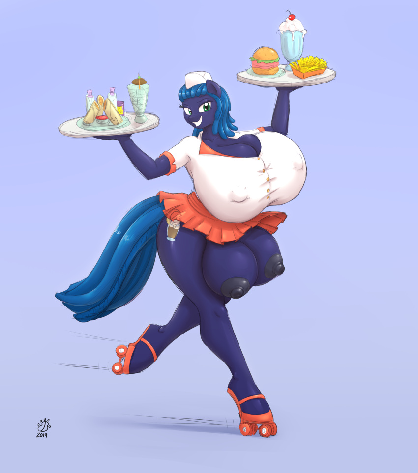 2021 absurd_res anthro badgerben big_breasts bottomwear breasts burger clothing cutie_mark equid equine fan_character female food fries hasbro hi_res hyperstorm_h inline_skates mammal meal milkshake my_little_pony skirt solo teats tray waiter