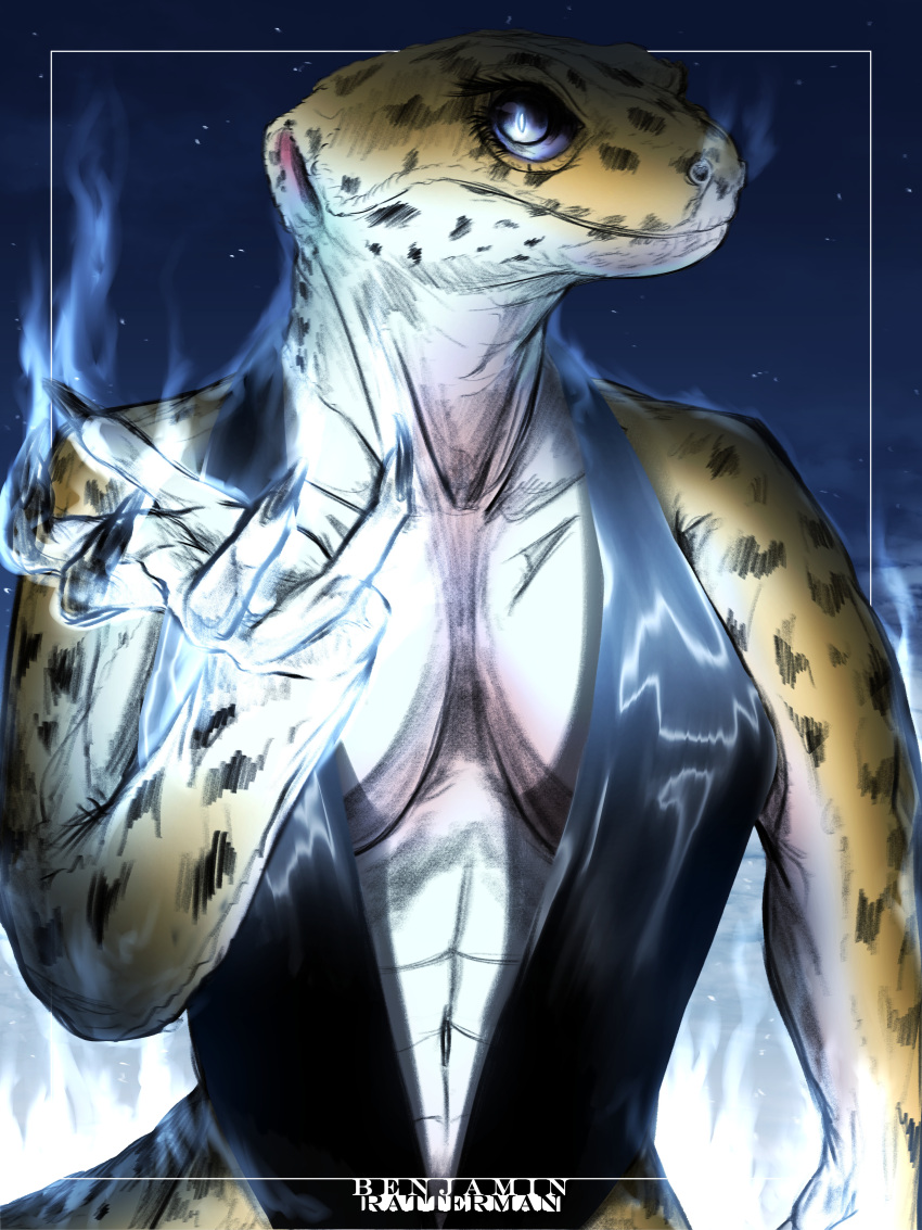 absurd_res anthro benjamin_ratterman big_breasts breasts elemental_manipulation female fire fire_manipulation gecko hi_res lizard looking_at_viewer magic magic_user night raised_hand reptile scalie sky solo spots white_fire