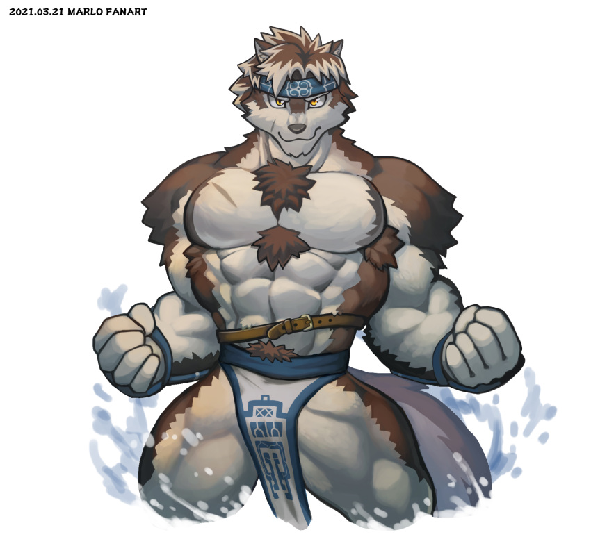 2021 abs accessory anthro canid canine canis clothing fur hair headband hi_res horkeukamui male mammal multicolored_body multicolored_fur muscular muscular_male pecs scar solo tokyo_afterschool_summoners video_games white_body wolf wolfmalro