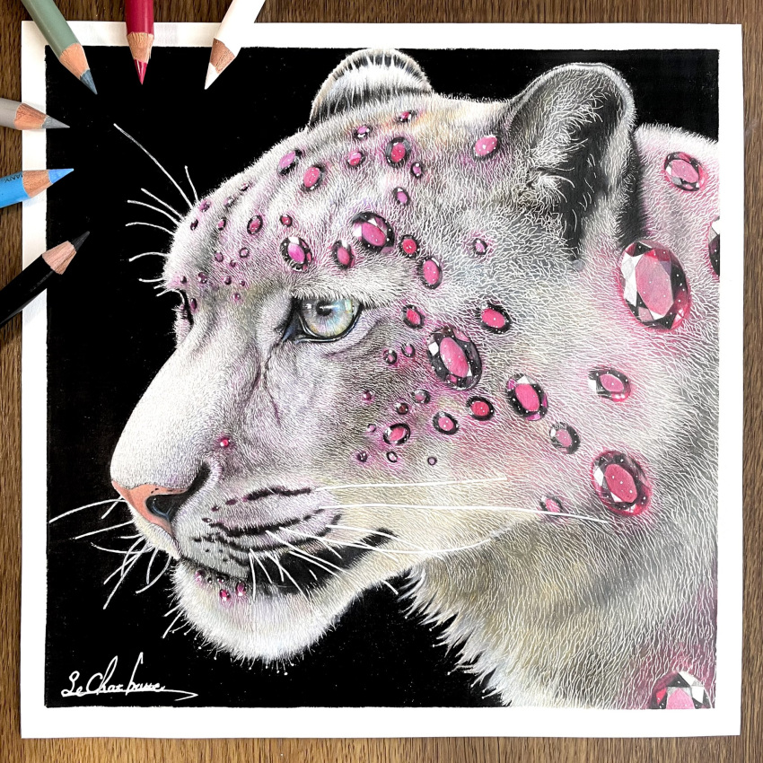 animal animal_focus black_background colored_pencil_(medium) crystal erumo_0384 highres leopard no_humans original photo_(medium) ruby_(gemstone) simple_background snow_leopard spotted_fur traditional_media