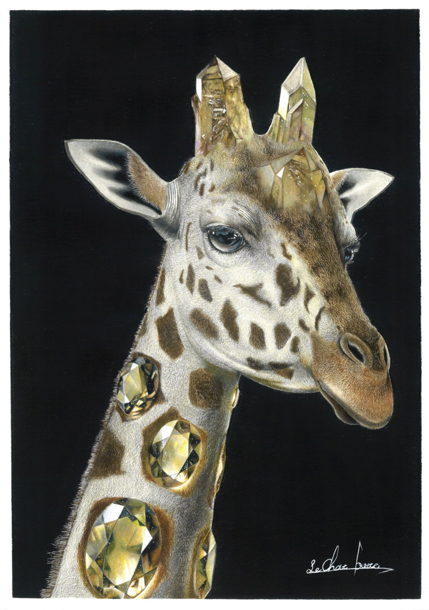 animal_focus black_background citrine_(gemstone) colored_pencil_(medium) crystal erumo_0384 giraffe highres no_humans original portrait simple_background traditional_media