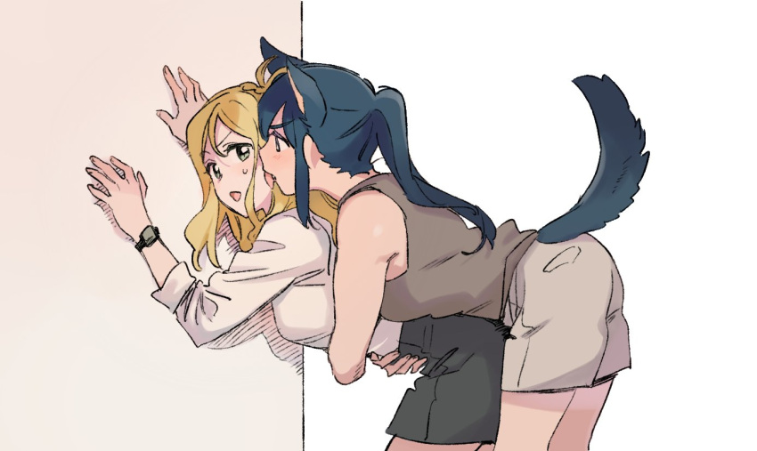 2girls against_wall animal_ears bare_shoulders bent_over blonde_hair blue_hair breasts commentary_request cowboy_shot green_eyes hair_between_eyes hug hug_from_behind korean_commentary long_hair love_live! love_live!_sunshine!! matsuura_kanan multiple_girls ohara_mari pito_(sh02327) ponytail shorts sleeveless standing tail yuri