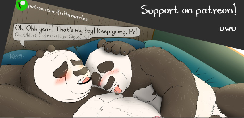 2020 anthro ari_guardian barely_visible_genitalia barely_visible_penis black_body black_fur black_nose blush comic dreamworks duo english_text father father_and_child father_and_son fur genitals giant_panda hi_res incest_(lore) kung_fu_panda li_shan_(kung_fu_panda) male male/male mammal master_po_ping overweight overweight_male parent parent_and_child penis son text tongue tongue_out ursid white_body white_fur