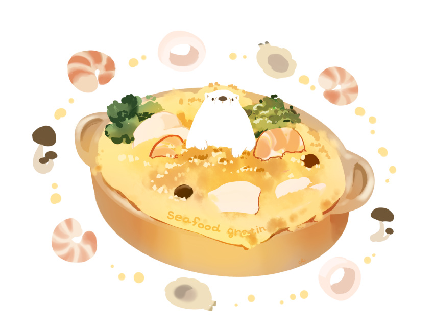 artist_name bear bowl chai commentary_request food_focus gratin highres looking_at_viewer mushroom no_humans original seafood shrimp simple_background sitting_on_food white_background