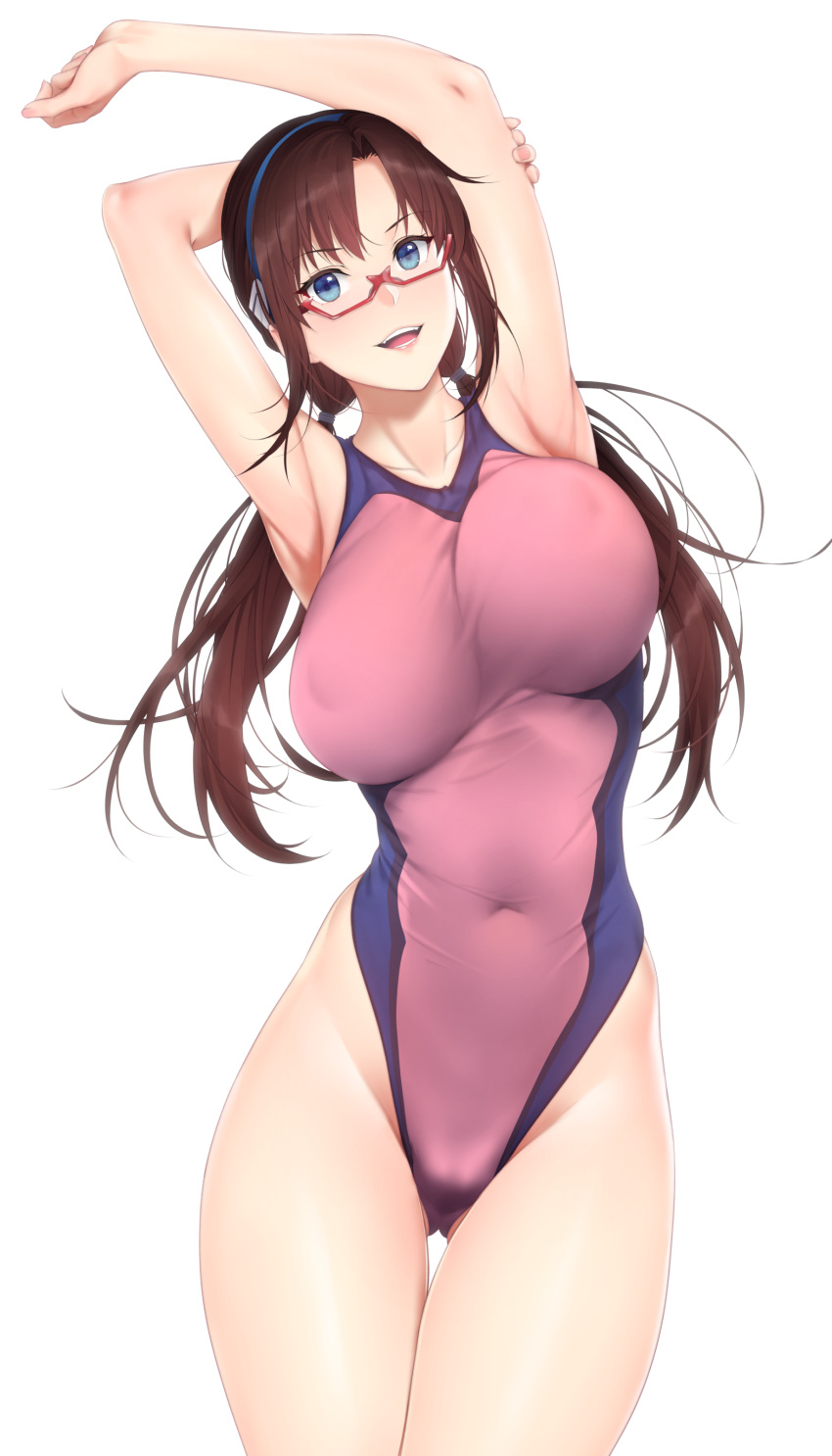 1girl absurdres armpits arms_up ass_visible_through_thighs bangs bare_shoulders blue_eyes breasts brown_hair collarbone commentary_request covered_nipples fingernails glasses hair_ornament hairband highleg highleg_swimsuit highres large_breasts lips long_hair looking_at_viewer makinami_mari_illustrious neon_genesis_evangelion one-piece_swimsuit open_mouth rebuild_of_evangelion red-framed_eyewear shiny shiny_hair simple_background smile solo swimsuit teeth thighs tied_hair two-tone_swimsuit white_background zucchini