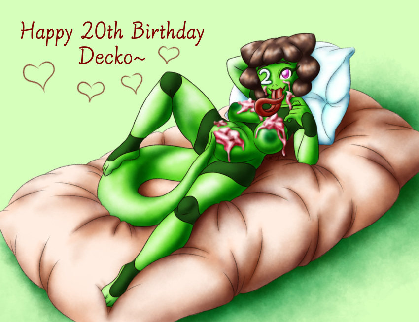 anthro ayuhaka bed big_breasts birthday birthday_cake breasts cake chubby_female decky_(pongodecky) dessert eye_patch eyelashes eyewear female food food_on_body food_on_breasts food_on_face furniture hi_res humanoid lizard long_tail long_tongue nude pillow reptile scalie solo stripes tongue tongue_out