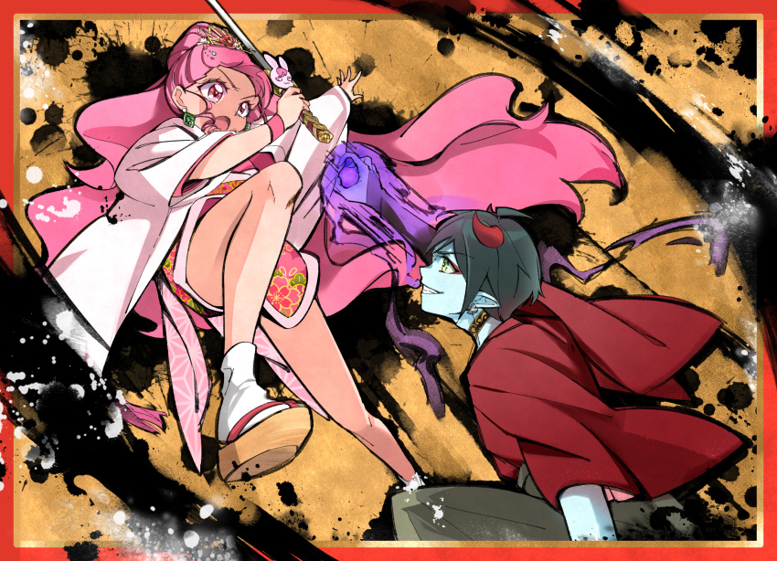 1boy 1girl adapted_costume blue_skin brown_kimono colored_skin cure_grace daruizen earrings fighting floating_hair floral_print green_hair grin hair_ornament hairpin haori healin'_good_precure highres holding holding_sword holding_weapon horns japanese_clothes jewelry kimono kmcho_902 long_hair outstretched_arm pink_hair pink_kimono pointy_ears precure print_kimono rabirin_(precure) red_kimono shiny shiny_hair short_hair short_kimono smile sword tabi very_long_hair weapon white_legwear yellow_eyes