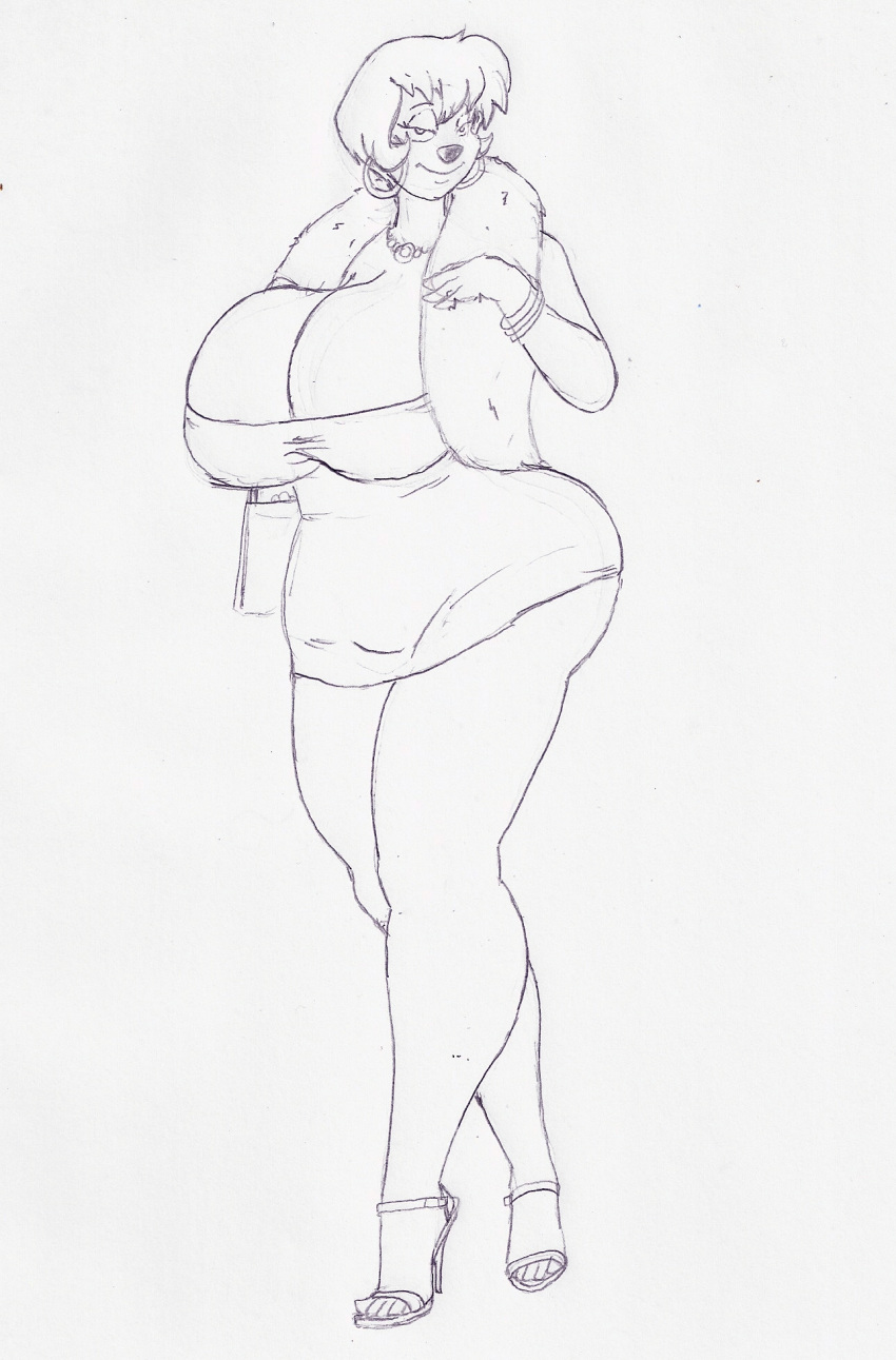 anthro big_breasts big_butt breasts butt canid canine clothed clothing disney ear_piercing female footwear goof_troop hi_res high_heels huge_breasts krocialblack looking_at_viewer mammal mature_female peg_pete piercing shoes smile solo thick_thighs