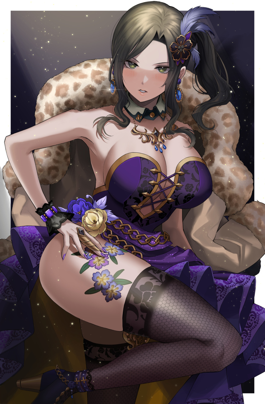 1girl absurdres bare_shoulders black_legwear breasts brown_hair cleavage detached_collar dress earrings feather_boa feathers flower hair_feathers high_heels highres idol idolmaster idolmaster_cinderella_girls jewelry large_breasts leg_tattoo mukai_takumi necklace purple_dress ro_torobo side_ponytail sidelocks strapless strapless_dress tattoo thighhighs thighs wrist_cuffs yellow_eyes