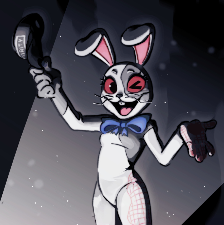 2021 anthro bow_tie buckteeth clothing digital_drawing_(artwork) digital_media_(artwork) female five_nights_at_freddy's five_nights_at_freddy's:_security_breach hat headgear headwear hi_res holding_clothing holding_object lagomorph leporid looking_at_viewer mammal one_eye_closed open_mouth open_smile patch_(fabric) rabbit red_eyes skylordlysander smile solo teeth vanny_(fnaf) video_games whiskers white_body wink