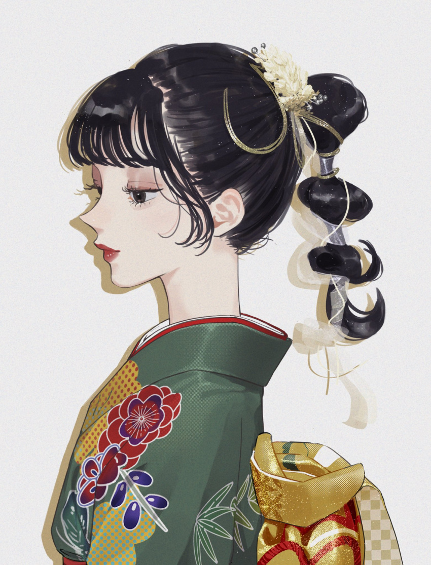 1girl bangs black_eyes black_hair highres japanese_clothes kimono long_hair multi-tied_hair original ponytail print_kimono profile shadow simple_background smile solo ut_66 white_background