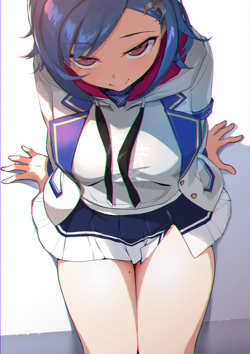 1girl blazer blue_hair eyebrows_visible_through_hair fang from_above hair_ornament hairclip highres hood hoodie jacket kuri_giepi looking_up miniskirt mole mole_on_thigh nijisanji nishizono_chigusa red_eyes school_uniform short_hair sitting skirt smile solo thighs virtual_youtuber