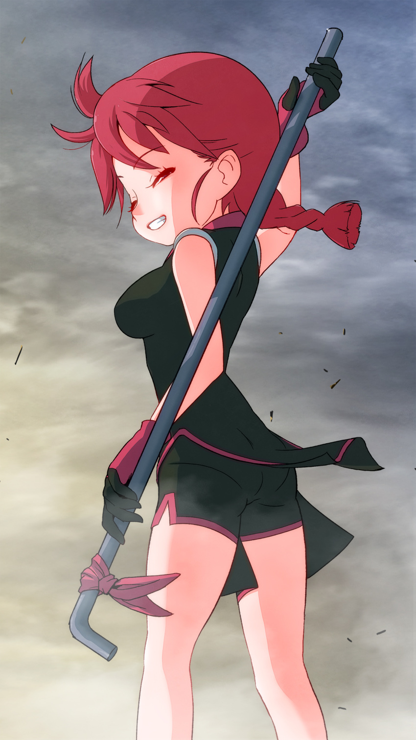 1girl absurdres arm_up bare_shoulders black_dress black_shorts braid breasts commentary dress feet_out_of_frame from_side gloves grin half-closed_eyes highres holding holding_pipe kemurikusa long_hair looking_at_viewer medium_breasts pipe red_hair ryou_(kemurikusa) sat-c short_shorts shorts shorts_under_dress sleeveless sleeveless_dress smile solo wind