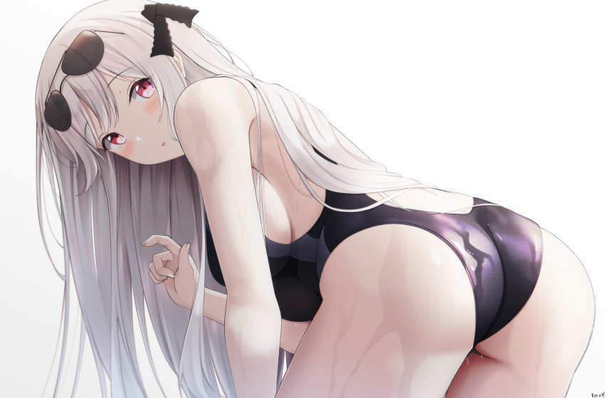 1girl ass bangs bare_arms bare_shoulders bent_over black_ribbon black_swimsuit blush breasts character_name competition_swimsuit eyebrows_visible_through_hair eyewear_on_head from_behind girls_frontline hair_ribbon highres kar98k_(girls_frontline) keenh long_hair looking_at_viewer looking_back medium_breasts one-piece_swimsuit parted_lips red_eyes ribbon simple_background sleeveless solo sunglasses swimsuit wet white_background white_hair