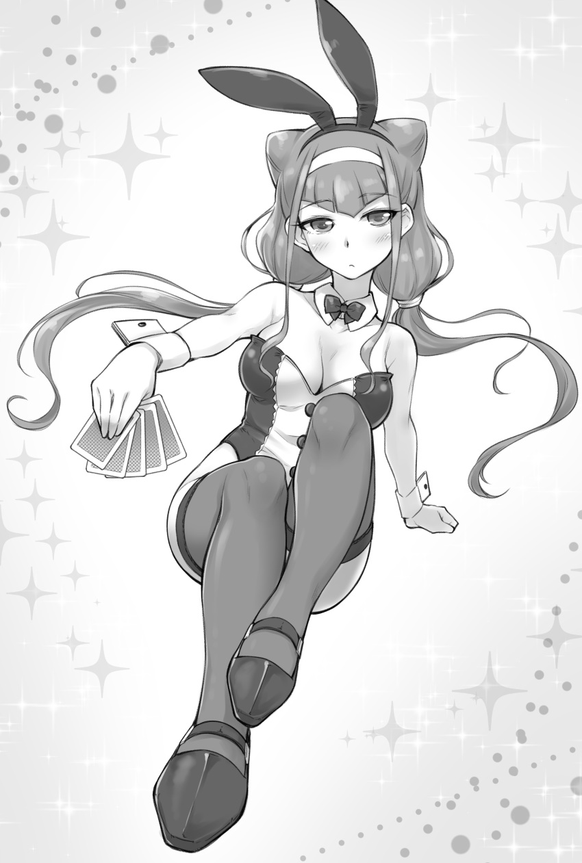 1girl absurdres animal_ears arakawa_tarou bow bowtie breasts bunny_ears card cleavage collarbone detached_collar fake_animal_ears full_body greyscale hairband highleg highleg_leotard highres holding holding_card hugtto!_precure leotard looking_at_viewer low_twintails medium_breasts monochrome multiple_hairbands precure ruru_amour solo strapless strapless_leotard thighhighs twintails wrist_cuffs