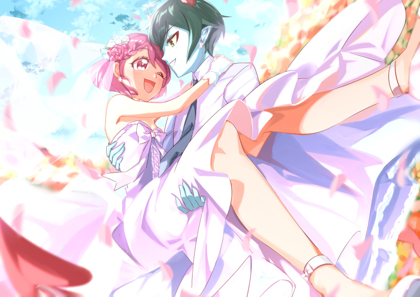 1boy 1girl ;d absurdres arms_around_neck black_neckwear blue_skin blurry blurry_foreground breasts carrying cleavage colored_skin couple daruizen dress earrings flower green_eyes green_hair grin hair_flower hair_ornament hanadera_nodoka healin'_good_precure hetero highres horns husband_and_wife jewelry kmcho_902 long_dress necktie one_eye_closed open_mouth pink_hair pointy_ears precure princess_carry red_eyes red_flower shiny shiny_hair shirt short_hair sleeveless sleeveless_dress small_breasts smile strapless strapless_dress wedding_dress white_dress white_flower white_shirt