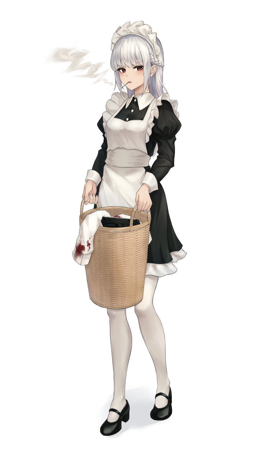 1girl absurdres angdo_(kakajo26) apron black_dress black_footwear blood bucket commentary_request dress full_body highres holding juliet_sleeves long_hair long_sleeves looking_at_viewer maid maid_apron maid_headdress mary_janes original pantyhose puffy_sleeves red_eyes shoes simple_background solo standing white_background white_hair white_legwear