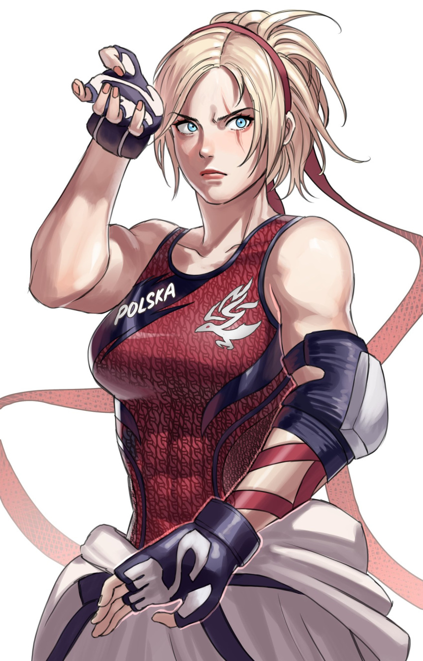 1girl abs blonde_hair blue_eyes elbow_pads fingerless_gloves gloves hanny_(uirusu_chan) headband highres lidia_sobieska looking_to_the_side muscular muscular_female pants ponytail red_headband red_shirt scar scar_across_eye serious shirt solo tank_top tekken tekken_7 white_background white_pants