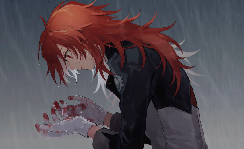 1boy alternate_costume blood bloody_clothes bloody_hands diluc_(genshin_impact) genshin_impact gloves highres long_hair looking_at_hand looking_at_hands male_focus parted_lips rain red_eyes red_hair solo white_gloves wide-eyed yoko_(nz_g)