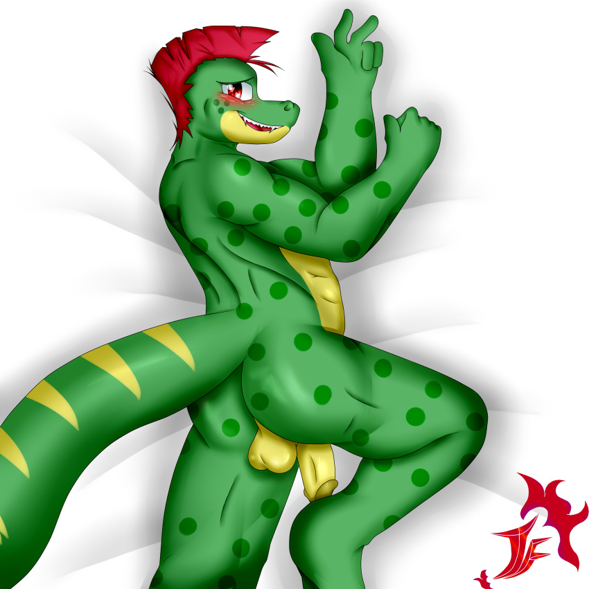 &lt;3 &lt;3_eyes 1:1 abs absurd_res alligator alligatorid anthro back_muscles backsack balls bed bed_sheet bedding biceps big_butt blush bubble_butt butt crocodilian embarrassed fangs five_nights_at_freddy's five_nights_at_freddy's:_security_breach furniture genitals glistening glistening_body glistening_butt glistening_eyes glistening_genitalia glistening_penis green_body green_butt green_skin hair half-erect hi_res high-angle_view humanoid jflare205 looking_at_viewer looking_back lying male mohawk montgomery_gator_(fnaf) multicolored_body muscular muscular_anthro muscular_male nude on_side penis perineum presenting presenting_balls presenting_hindquarters presenting_penis raised_leg red_eyes red_hair reptile scalie sharp_teeth smile solo teeth thick_tail thick_thighs two_tone_body video_games yellow_balls yellow_penis yellow_perineum