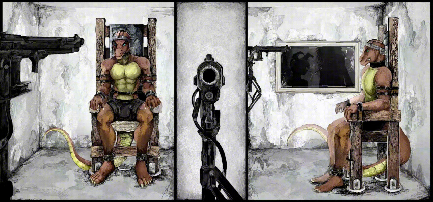animated anthro blood blood_splatter bodily_fluids bottomwear bound brown_body brown_scales chair claws clothed clothing concrete death detailed digital_media_(artwork) execution explosion eyes_closed furniture gore gun handgun headshot hi_res inside jeffusherb leather leather_straps lizard machine male partially_clothed pistol pixel_(artwork) pixel_animation ranged_weapon reptile scales scalie shooting short_playtime shorts sitting smoke solo teeth toe_claws wall_(structure) weapon window wire yellow_body yellow_scales