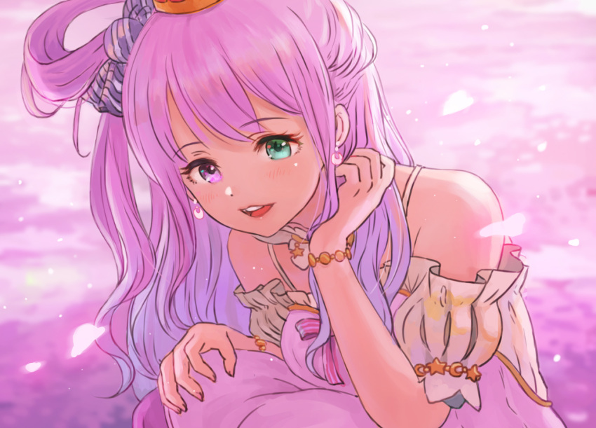 1girl arm_strap bangs candy_hair_ornament crescent crescent_earrings crown detached_collar dress earrings food_themed_hair_ornament gradient_hair green_eyes hair_behind_ear hair_ornament hair_rings hand_in_hair hand_on_own_knee heterochromia himemori_luna hololive jewelry looking_down momo_hiki multicolored_hair open_mouth pink_dress pink_hair princess purple_eyes purple_hair side_ponytail solo virtual_youtuber