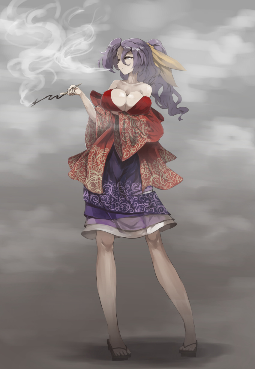 1girl :o absurdres arm_under_breasts bangs breasts cleavage collarbone commentary_request full_body geta grey_background hand_up highres holding holding_pipe kiseru komakusa_sannyo large_breasts long_hair looking_afar looking_away looking_to_the_side off_shoulder parted_bangs pipe purple_eyes purple_hair red_robe simple_background smoke smoking solo standing sunyup touhou wide_sleeves