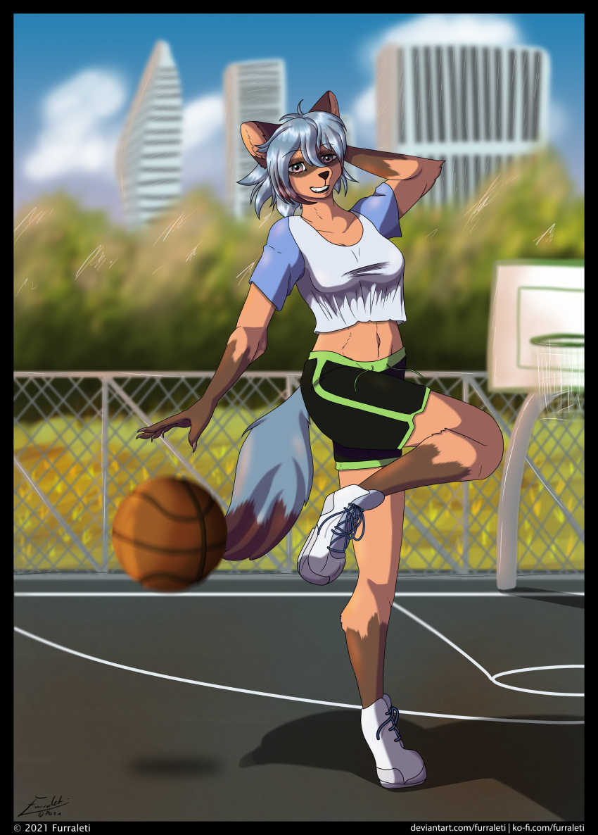 2021 5_fingers absurd_res anthro arm_tuft ball basketball_(ball) basketball_court black_border black_highlights black_nose blue_hair blue_tail border bottomwear brand_new_animal breasts brown_body brown_fur canid canine claws clothed clothing digital_media_(artwork) digitigrade dipstick_tail elbow_tufts facial_markings female finger_claws fingers footwear fur furraleti gloves_(marking) grin hair hand_behind_head head_markings hi_res highlights_(coloring) humanoid_hands leg_markings mammal markings mask_(marking) michiru_kagemori midriff multicolored_tail navel on_one_leg outside pinup plant pose raccoon_dog raised_leg shirt shoes short_hair shorts signature smile sneakers socks_(marking) solo standing studio_trigger t-shirt teal_eyes teeth text toothy_grin topwear tree tuft url