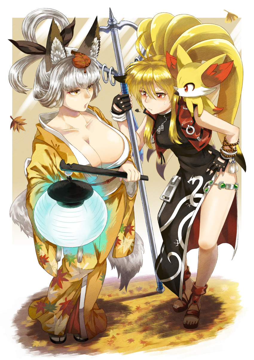 2girls absurdres ahoge animal_ears animal_on_shoulder bare_legs beads black_dress blonde_hair breast_envy breasts china_dress chinese_clothes cleavage collarbone colored_tips cropped_background crossover dress fennekin fingerless_gloves foreshortening fox fox_ears fox_girl fox_tail full_body gen_6_pokemon gloves hair_rings hand_on_hip highres holding huge_filesize japanese_clothes jitome kimono kongiku lantern large_breasts leaf leaf_on_head leaf_print leaning_forward light_rays looking_at_another looking_at_breasts medium_breasts multiple_girls nail_polish namco_x_capcom nose obi oboro_muramasa orange_kimono paper_lantern pokemon ponytail pout project_x_zone pursed_lips red_eyes sandals sash side_slit sidelocks silver_hair silver_nails sleeveless sleeveless_dress squiggle staff super_robot_wars super_robot_wars_og_saga_mugen_no_frontier tail touyama_sairi vest weapon wide_sleeves xiaomu yellow_eyes zipper zipper_pull_tab