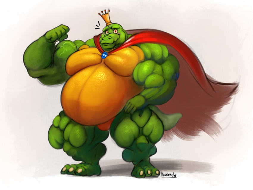 2020 3_toes 5_fingers anthro belly big_belly big_biceps big_muscles big_pecs biped blush bottomless cape cape_only claws clothed clothing crocodile crocodilian crocodylid crown digital_media_(artwork) donkey_kong_(series) featureless_crotch feet fingers flexing full-length_portrait green_body green_scales hi_res huge_muscles karrnade king king_k._rool kremling looking_at_viewer male mostly_nude musclegut muscular muscular_anthro muscular_male nintendo obese obese_anthro obese_male overweight overweight_anthro overweight_male pecs plantigrade portrait quads red_eyes reptile royalty scales scalie shadow signature simple_background solo standing thick_thighs toe_claws toes video_games white_background white_claws