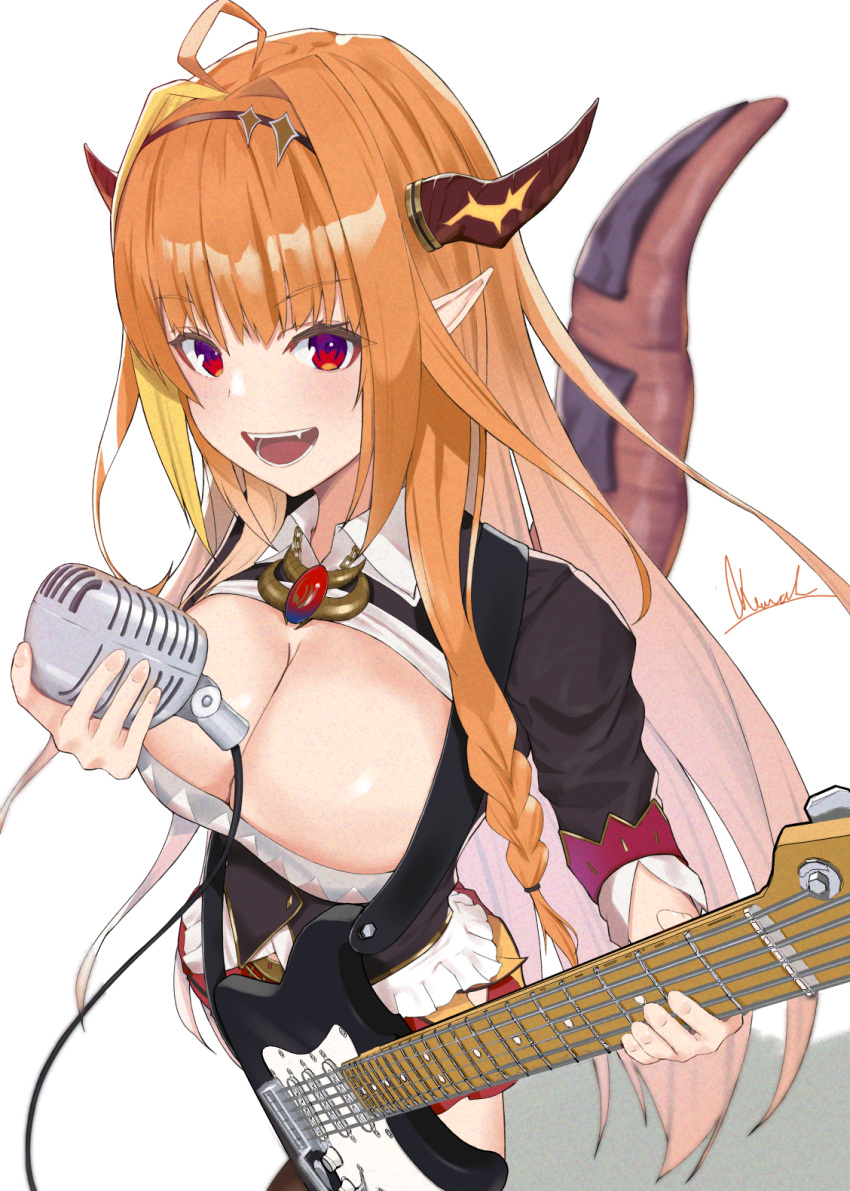 ahoge asurada_yui bangs black_hairband black_jacket blonde_hair braid breasts brooch chain_necklace cleavage cleavage_cutout clothing_cutout collared_shirt cowboy_shot dragon_girl dragon_horns dragon_tail dragon_wings electric_guitar eyebrows_visible_through_hair fangs from_above gem guitar hairband highlights highres holding holding_instrument holding_microphone hololive horns instrument jacket jewelry kiryu_coco large_breasts long_hair looking_at_viewer low_braid microphone miniskirt multicolored multicolored_eyes multicolored_hair open_mouth orange_hair pointy_ears purple_eyes red_eyes red_skirt scales shirt side_braid sidelocks signature simple_background single_braid skirt streaked_hair tail very_long_hair vintage_microphone virtual_youtuber white_background white_shirt wings