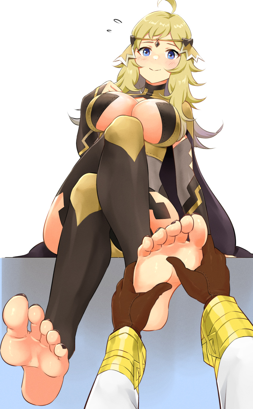 1boy 1girl absurdres ahoge bangs barefoot blonde_hair blue_eyes breasts bridal_gauntlets circlet commission commissioner_upload feet fire_emblem fire_emblem_fates fire_emblem_heroes foot_massage highres igni_tion kiran_(fire_emblem) large_breasts looking_at_viewer male_hand ophelia_(fire_emblem) sitting thighhighs turtleneck
