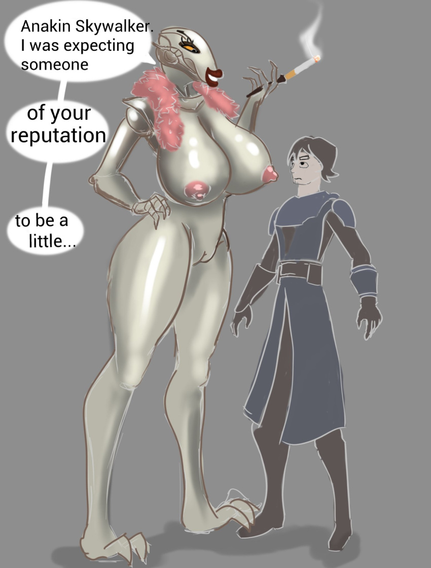 2021 alien anakin_skywalker big_breasts boa_(clothing) breasts cigarette clothed clothing crossgender dialogue duo english_text fairyofmeat female general_grievous genitals grin hand_on_hip hi_res huge_breasts human humanoid kaleesh larger_female lipstick makeup male mammal mostly_nude mtf_crossgender nipples not_furry pussy size_difference smaller_male smile smoking star_wars text white_body wide_hips