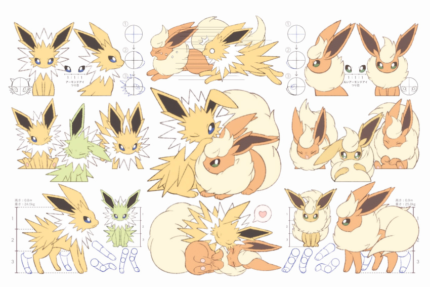 &gt;_&lt; alternate_color blue_eyes crying flareon gen_1_pokemon green_eyes heart highres jolteon moco_font no_humans o_o one_eye_closed partially_colored paws pokemon pokemon_(creature) shiny_pokemon spoken_heart standing tears toes translation_request