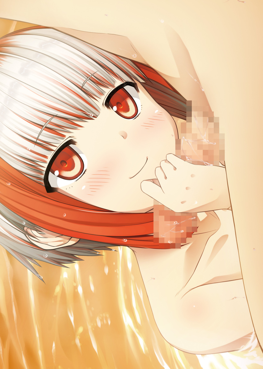 1boy 1girl absurdres bangs bath blush collarbone cura eyebrows_visible_through_hair handjob highres looking_at_viewer monobeno multicolored_hair penis red_eyes red_hair smile streaked_hair sumi_(monobeno) two-tone_hair white_hair