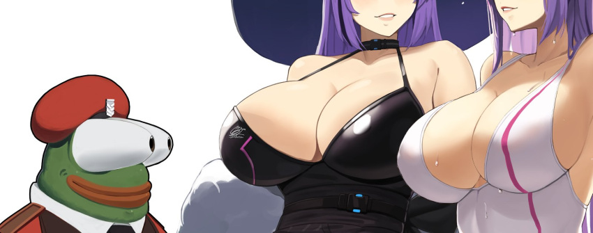 1boy 2girls beret black_dress booba_(meme) breasts bulging_eyes cleavage clone commander_(girls_frontline) dress english_commentary girls_frontline halter_dress halterneck hat head_out_of_frame highres kion-kun large_breasts long_hair meme multiple_girls official_alternate_costume one-piece_swimsuit pepe_the_frog purple_hair red_headwear smile swimsuit wet white_background white_swimsuit zb-26_(girls_frontline)