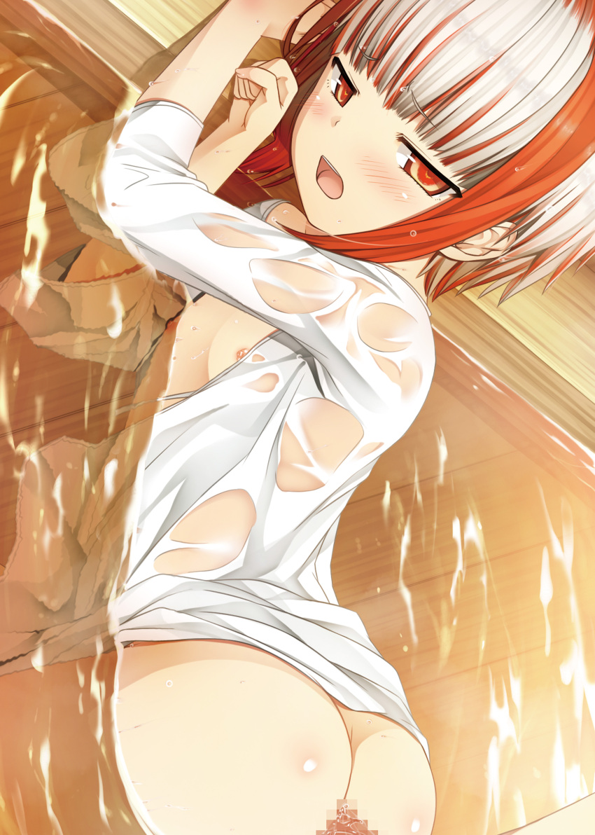 1boy 1girl absurdres ass bangs bath blush cura eyebrows_visible_through_hair flat_chest highres looking_at_viewer monobeno multicolored_hair open_mouth red_eyes red_hair sex squinting streaked_hair sumi_(monobeno) two-tone_hair vaginal wet wet_clothes white_hair