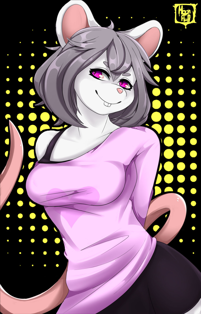 anthro clothed clothing female fur grey_hair hair hi_res mammal moonfluffmf mouse murid murine purple_eyes raffle_prize rodent smile solo white_body white_fur