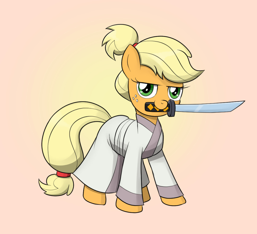 applejack_(mlp) asian_clothing blonde_mane clothing crossover earth_pony east_asian_clothing equid equine female feral freckles friendship_is_magic fur green_eyes hasbro horse japanese_clothing katana kimono looking_at_viewer mammal mane melee_weapon mew-me my_little_pony orange_body orange_fur pony samurai samurai_jack samurai_jack_(character) solo sword sword_in_mouth warrior weapon yellow_tail