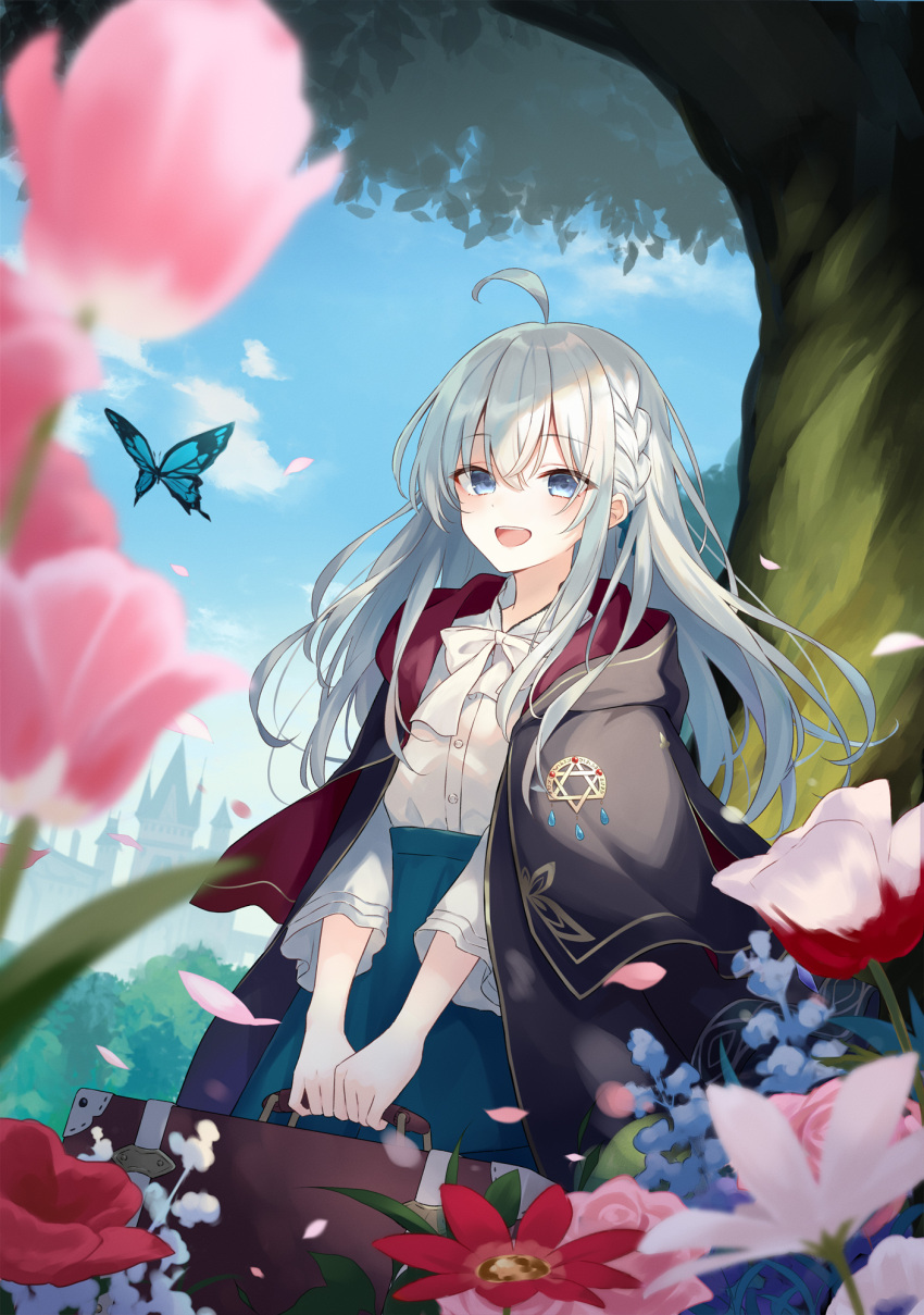 1girl :d ahoge animal azuuru bangs black_cape blue_flower blue_skirt blue_sky blurry blurry_foreground bow braid bug building butterfly cape cloud collared_shirt day depth_of_field dress_shirt elaina_(majo_no_tabitabi) eyebrows_visible_through_hair flower grey_eyes hair_between_eyes high-waist_skirt highres hood hood_down hooded_cape insect long_hair looking_at_viewer majo_no_tabitabi open_mouth outdoors petals pink_flower red_flower shirt silver_hair skirt sky smile solo tree tulip upper_teeth very_long_hair white_bow white_shirt
