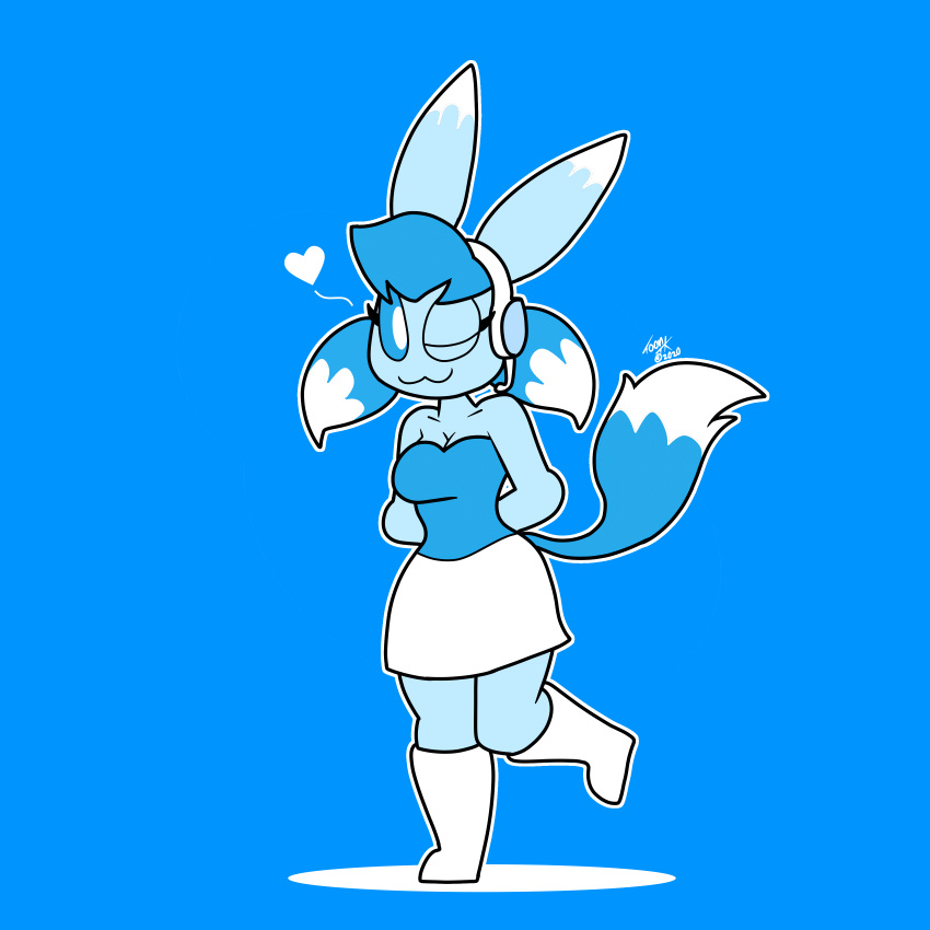 absurd_res anthro blue_background blue_body blue_clothing blue_fur blue_shirt blue_tail blue_tank_top blue_topwear boots bottomwear canid canine clothing female footwear fox fur hands_behind_back headgear headphones headset hi_res looking_at_viewer mammal one_eye_closed pose shirt simple_background skirt skyla_foxwell_(applitale) solo tank_top toontk topwear white_boots white_bottomwear white_clothing white_footwear white_skirt wink