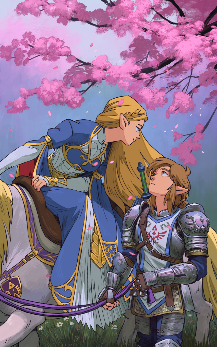 1boy 1girl absurdres blonde_hair branch brown_hair cherry_blossoms dress eye_contact highres horse link long_hair looking_at_another looking_up malin_falch master_sword parted_lips petals pointy_ears princess_zelda riding saddle smile soldier's_set_(zelda) sword sword_behind_back the_legend_of_zelda the_legend_of_zelda:_breath_of_the_wild triforce weapon