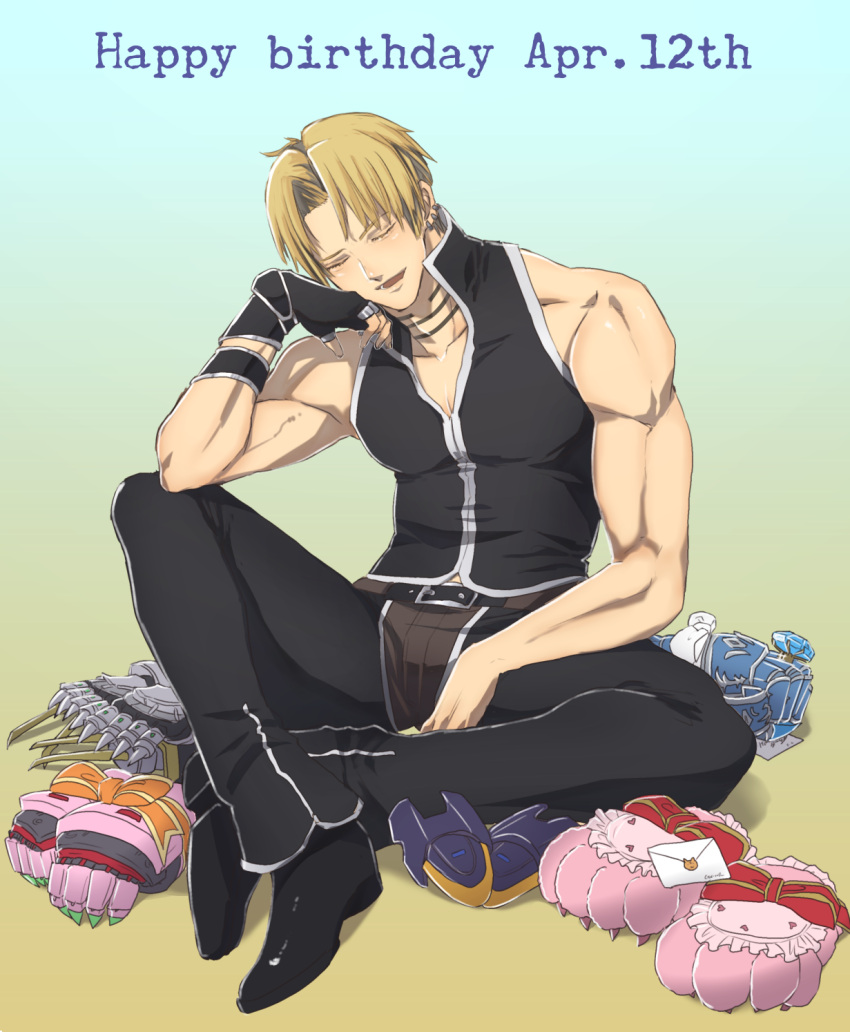 1boy bare_shoulders blonde_hair cliff_fittir closed_eyes earrings fingerless_gloves gloves highres jewelry male_focus murata_tefu muscular single_glove sleeveless smile solo star_ocean star_ocean_till_the_end_of_time