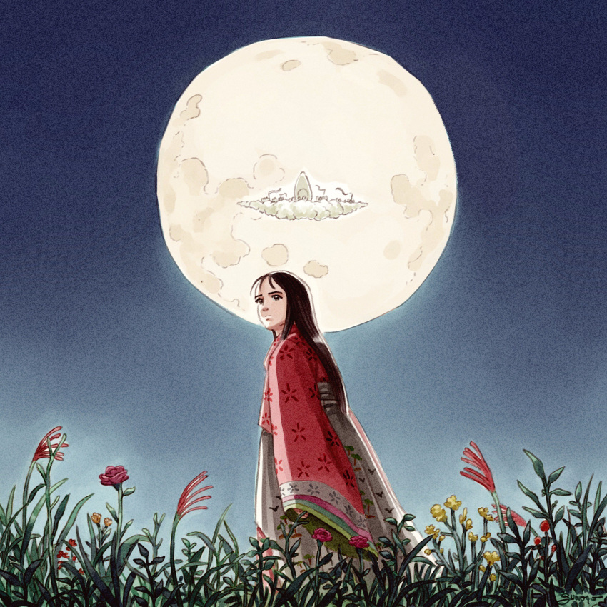 1girl arms_at_sides black_eyes black_hair closed_mouth cloud commentary english_commentary facing_viewer fantasy feet_out_of_frame floral_print flower frown full_moon grass highres japanese_clothes juanito_medina kaguya-hime_no_monogatari kaguya_hime kimono long_hair looking_afar moon moonlight night night_sky orange_flower outdoors pink_flower pink_rose plant red_flower rose serious shaded_face shiny shiny_hair signature sky sleeves_past_fingers sleeves_past_wrists solo standing straight_hair tareme