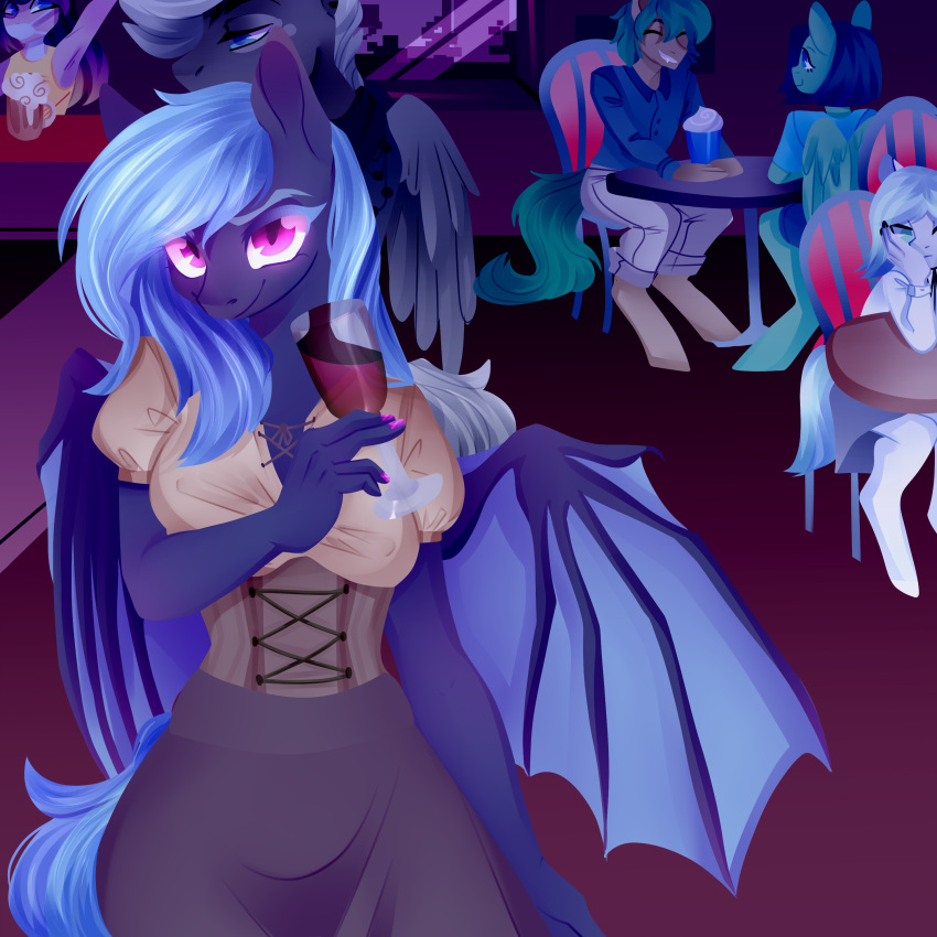 absurd_res alcohol anthro bar bat_pony bat_wings beverage bored chair clothing earth_pony equid equine female furniture group hand_on_cheek helemaranth hi_res horse looking_at_another looking_at_viewer male mammal membrane_(anatomy) membranous_wings midnight_harmony my_little_pony nightshade_(an_immortal) pegasus pony slips smile table wine wine_glass wings