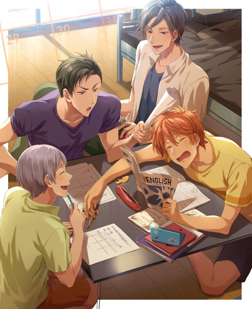 4boys ^_^ ^o^ barefoot bed bedroom blue_shirt blue_shorts blush border brown_hair butterfly_sitting closed_eyes collarbone collared_shirt english_text eraser free! from_above green_eyes green_pants grey_hair highres holding holding_paper holding_pencil homework indoors laughing lecturing looking_at_another male_focus mechanical_pencil mikoshiba_momotarou minami_kazuki multiple_boys nitori_aiichirou open_mouth orange_hair orange_shorts outside_border pants paper pencil pencil_case purple_eyes purple_shirt scolding seiza shirt shirt_under_shirt shorts sitting sitting_on_floor smile spiked_hair studying t-shirt table tearing_up textbook toned toned_male translation_request undershirt uozumi_takuya v-shaped_eyebrows white_border white_shirt window wooden_floor yellow_shirt zattape