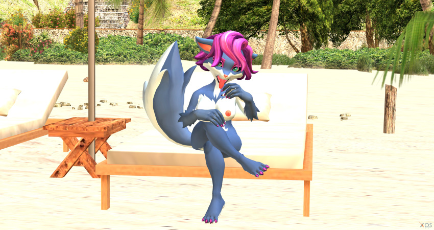 absurd_res anthro beach canid canine crossed_legs female fox hi_res jonas-pride mammal maxim_theos model nude pepper_(paladins) seaside sitting solo solo_focus tongue tongue_out