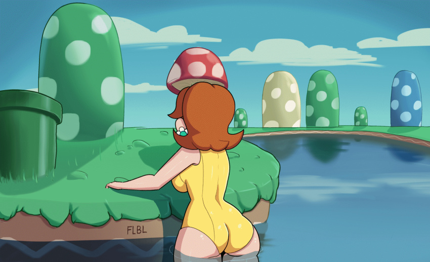 ambiguous_gender animated barefoot big_butt blooper bouncing_butt breasts brown_hair butt cephalopod clothing cloud coleoid day decapodiform duo feet female flbl grass hair human mammal marine mario_bros mollusk nintendo one-piece_swimsuit partially_submerged plant princess_daisy signature swimwear tentacles toes video_games water