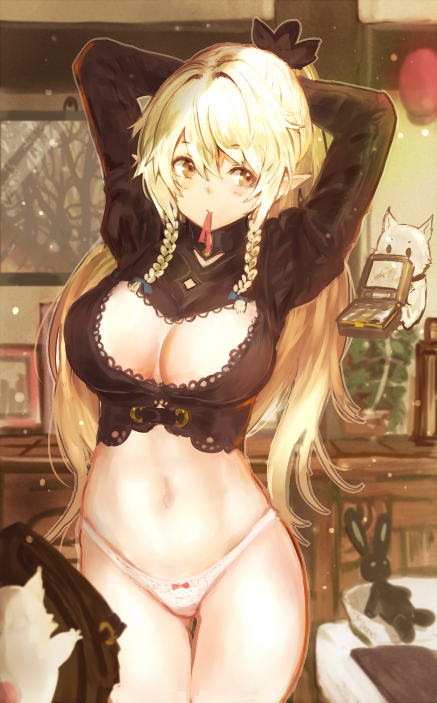 1girl arms_behind_head arms_up black_shirt blonde_hair braid breasts brown_eyes cleavage cleavage_cutout clothing_cutout cowboy_shot crop_top hair_ornament highres juliet_sleeves large_breasts long_hair long_sleeves looking_at_viewer mouth_hold navel original panties pointy_ears ponytail puffy_sleeves shiabisu shirt sidelocks solo standing stomach thigh_gap thighs twin_braids underwear white_panties