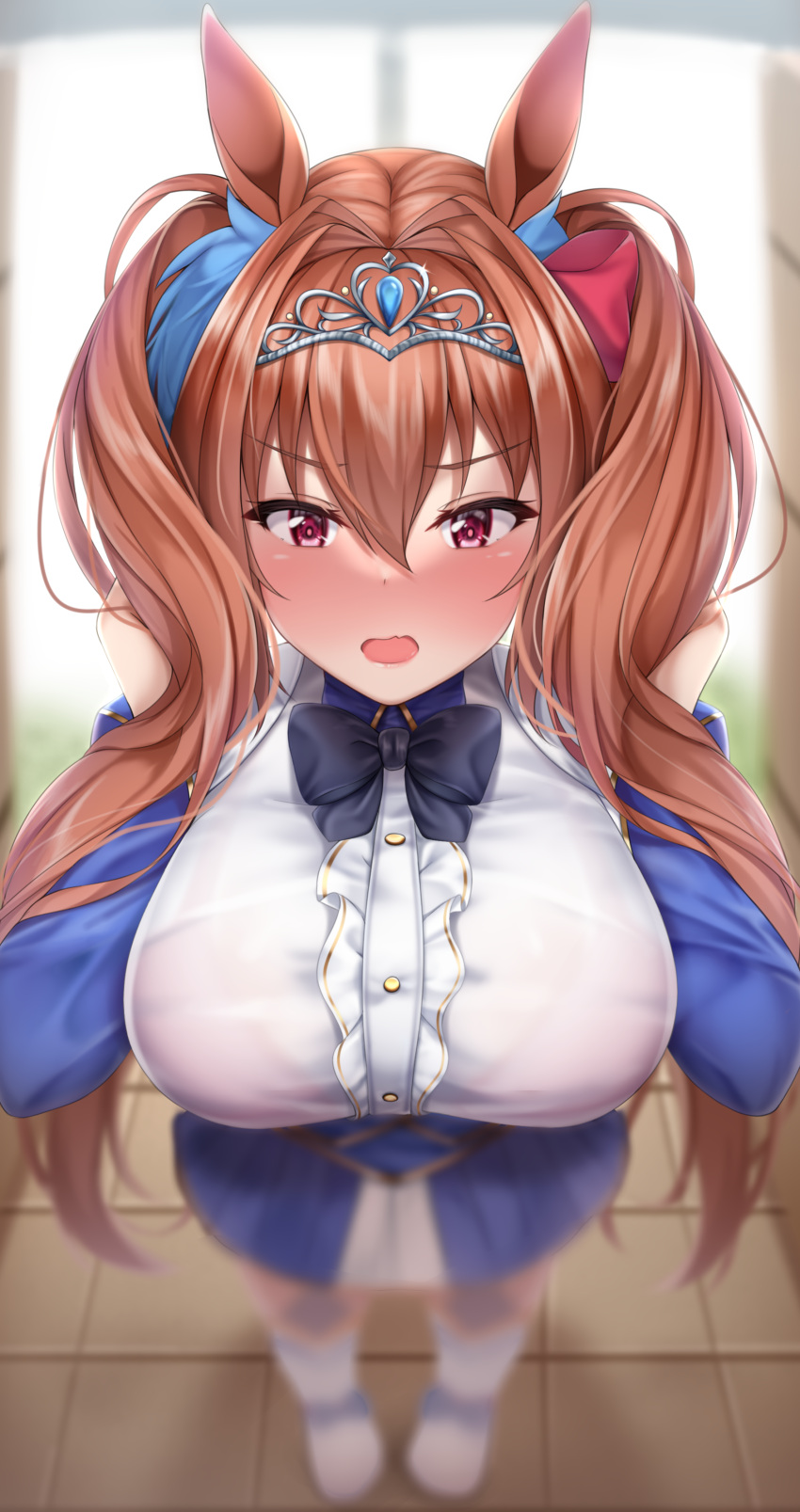 1girl absurdres animal_ears bangs black_neckwear blue_dress blurry blush bow bowtie breasts brown_hair daiwa_scarlet depth_of_field dress eyebrows_visible_through_hair from_above hair_between_eyes hair_intakes hair_ornament hair_ribbon hands_in_hair highres horse_ears horse_girl indoors large_breasts lomocya long_hair long_sleeves looking_at_viewer open_mouth purple_eyes red_ribbon ribbon solo standing tiara twintails umamusume white_footwear